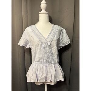 LOFT Outlet White Swiss Dot Blouse Medium Peplum Wrap V Neck Cotton Top